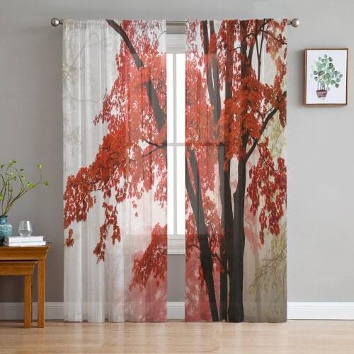 Bedroom Sheer Curtains Fog Red Maple Leaf Living Room Kitchen Window Curtains Garden Terrace Balcony Bedroom Sheer Curtains