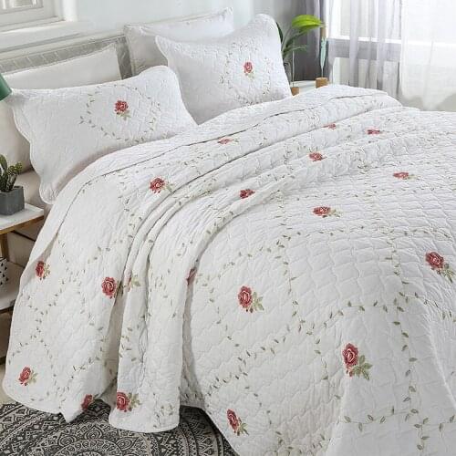 Flowers embroidery Quilted 100% cotton Bedspread Bed Cover Bed Sheet size 260x240cm blanket Pillowcases 3pcs