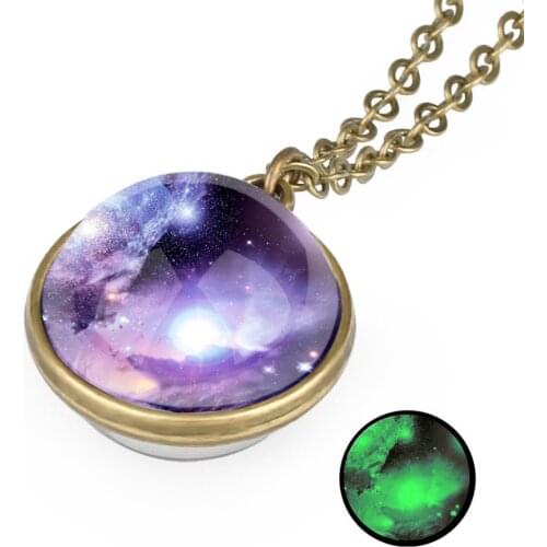 Glow In The Dark Long Chain Necklace Jewelry For Women Men Trendy Two Sides Glass Ball Universe Galaxy Nebula Space Necklace