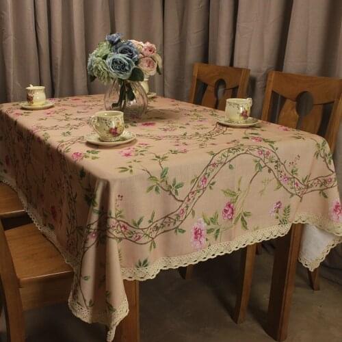 CURCYA Light Pink Tablecloth Pastoral Flowers Table Cloth Cover Polyester Cotton Blending