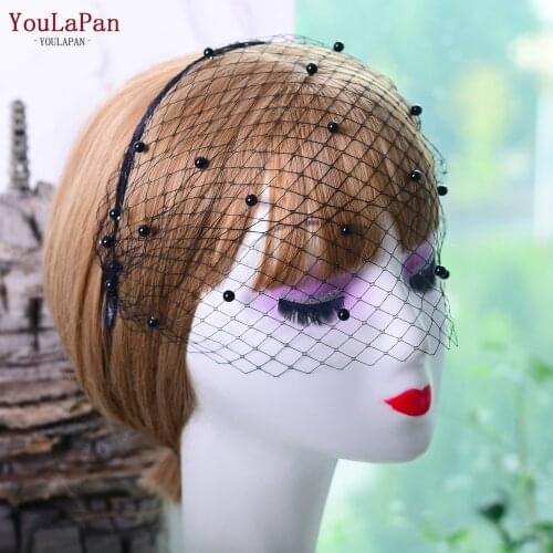 YouLaPan VA08 Vintage Bridal Birdcage Veil Headband Large Mesh Veil Headdress Pearl Mask Wedding Accessories for Woman Party