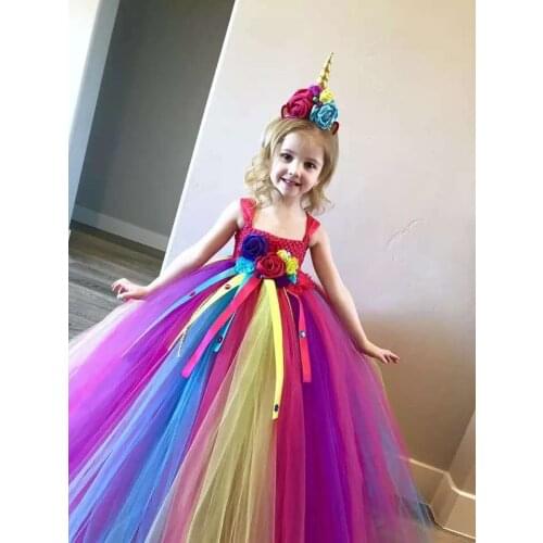 Girls Rainbow Unicorn Flower Tutu Dress Kids Crochet Tulle Ribbon Dress Ball Gown with Hairbow Children Party Costume Dresses