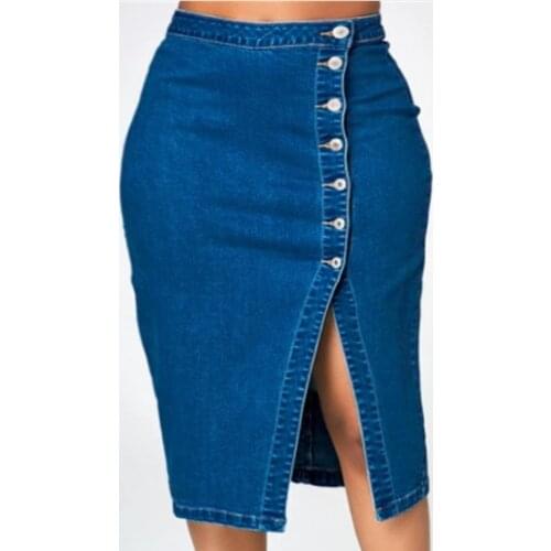 Solid Button Mid-calf Bodycon Denim Skirts Women Casual Large Size Slim Skirts Summer Ladies Fashion Wild Jean Skirts New