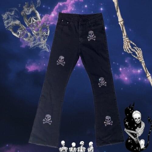 Skull Beading Women High Waist Slight Flare Pants Goth Punk Cool Y2k Asian Culture Black Jeans Hot Girls Pants Capris