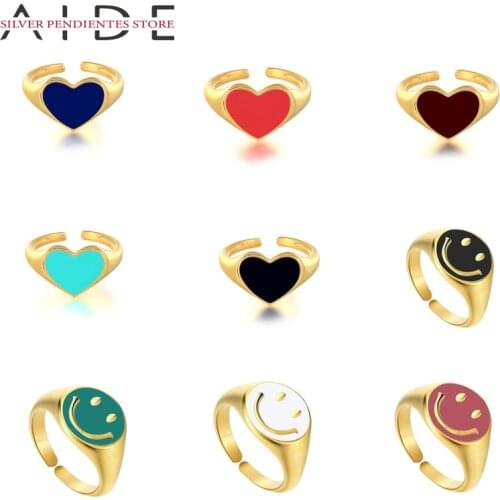 AIDE 925 Sterling Silver Finger Rings Colorful Enamel Heart Smiley Open Rings For Women Girls Jewelry Anillos Mujer Aneis