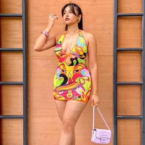 2021 Summer Sexy Mini Dress Women Abstract Print Halter V Neck Hollow Out Bodycon Dress Sexy Beach Bohemian Dresses Female