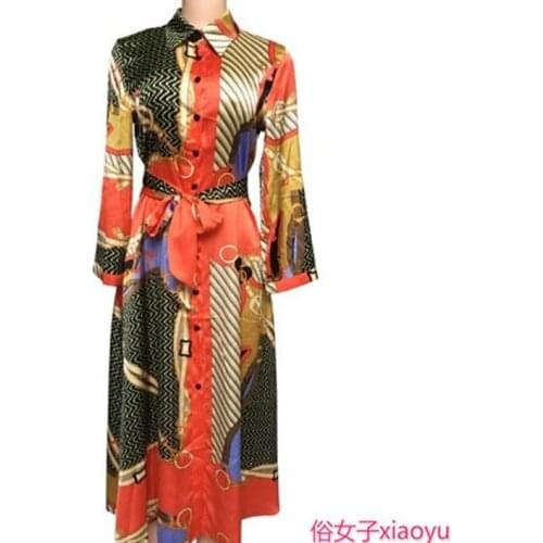 2020 New Woman Long Sleeves Lapel Dress Chain Patchwork Printed Chic Vintage Retro Style Leisure Time Simplicity Personality
