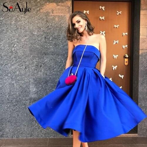 SoAyle Elegant A-Line Evening Dress 2018 Blue Prom Dresses Strapless Sleeveless Short Evening Formal Dresses