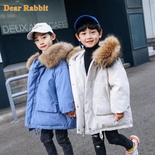 2021 Winter Boy Down Jacket Hooded Thick Warm Coat 5-12 Yrs Kids Teenage Outerwear Parka real Raccoon Fur girl clothes clothing