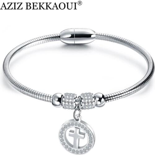 AZIZ BEKKAOUI Cross Circle Bracelet for Women Sliver Gold Charm Snake Chain Screw Bracelet Fit European Beads Charm Dropshipping