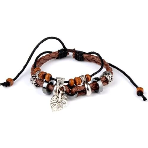 Wholesale Wrapped Leather Bracelet For Women Adjustable Leaf Cross Charm Beads Bracelet For Men Fashion Jewelry