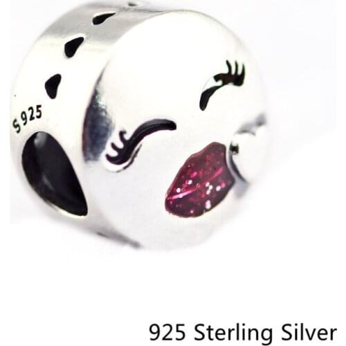 CKK 925 Sterling Silver Kiss Charm, Cerise Glitter Enamel Original Beads Jewelry Making Fits For Bracelets