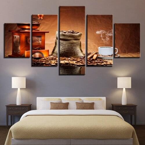 5pcs Canvas Print Food Painting Fresh Ground coffee beans and cups Brown Pictures For Kitchen Dining Room Cafe Wall Art Decora
