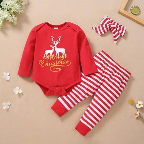 Baby Clothes Set Roupas Newborn Baby Girl Long Sleeve Christmas Cartoon Romper Bodysuit+Stripe Pants Set Clothes Kids' Things