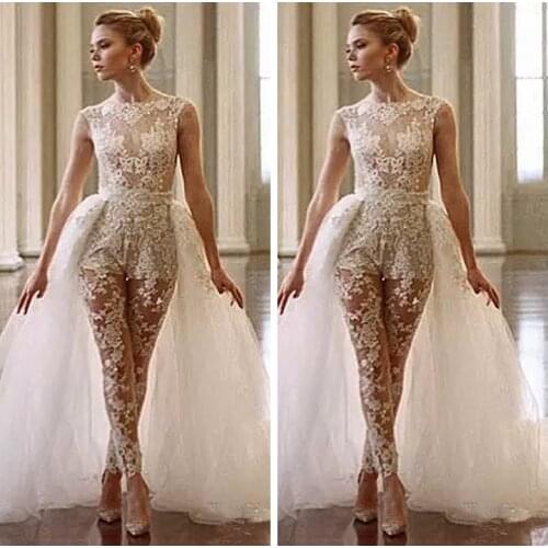 2019 Lace Jumpsuit Wedding Dresses 2019 Detachable Train Sheer Cap Sleeve Illusion Bodice Overskirt Bridal Gowns Custom