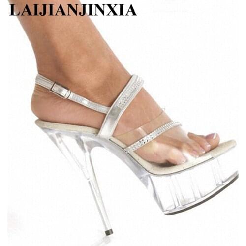 LAIJIANJINXIA Elegant Clear 15CM Sexy Super High Heel Platforms Pole Dance shoes 6 inch silver Straps party shoes K-082