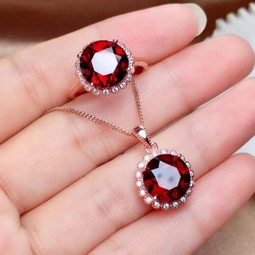 The Best Gift for Your loved Girl Natural real red garnet luxury style jewelry set 1pc ring 1pc Pandant 925 sterling silver