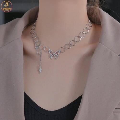 Akizoom Fashion Necklace Butterfly Circle Chain Necklace Stainless Steel Choker Pendant for Women Girl Birthday Jewelry Gif