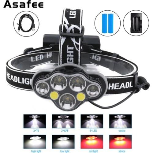 High Power 7 LED Headlight 3T6+2XPE+2COB Frontal LED Head Light Lamp 18650 Rechargeable Headlamp for Hunting Fishing Camping