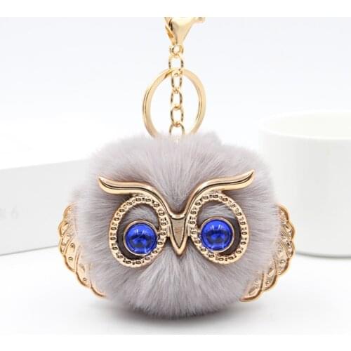 2021 New Cute Fluffy Rabbit Fur Owl Pom Pom Ball Keychain Keyring Car Key Ring Chain Charm Women Bag Pendant Decorative S388