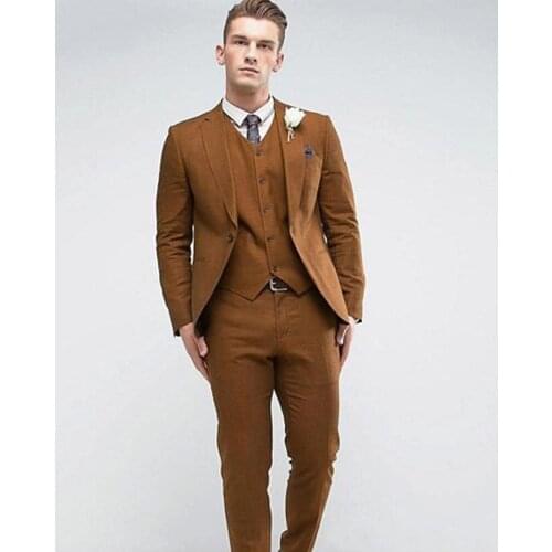New Arrival One Button Brown Groom Tuxedos Groomsmen Notch Lapel Mens Suits Blazers (Jacket+Pants+Vest+Tie) W:1059