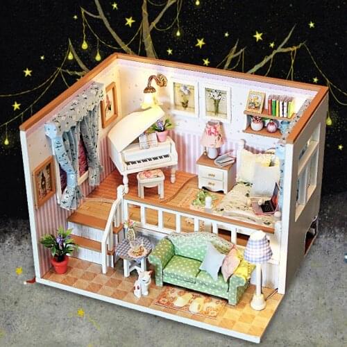 New DIY Creative Handmade Theme Wooden Cabin Assembly Building Doll House Model Toy Set With Light And Music Dustproof Cover