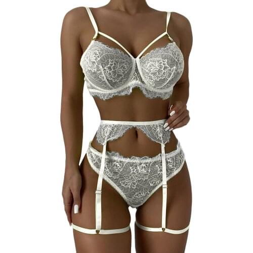 Hirigin New Fashion Womens 3 Piece Babydoll Lingerie Set Sexy Floral Lace Bra + High Waist Garter Belt Thong Panty Erotic Set