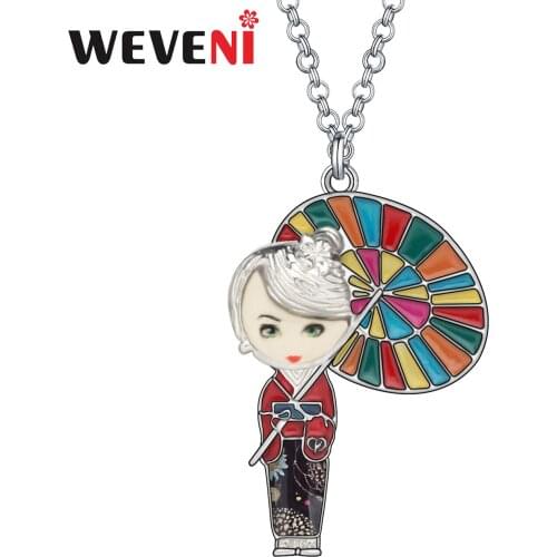 Weveni Enamel Alloy Japanese Doll Necklace Lovely Lady Umbrella Pendant Jewelry For Women Girls Fashion Gifts Party Deceorations
