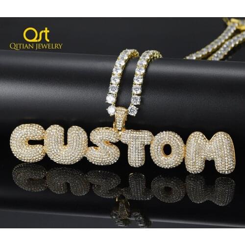 QITIAN Customized Bubble Letters Name Pendant Iced out Rhinestone Mens Zircon Hip Hop With 4MM Tennis Chain Jewelry Gifts