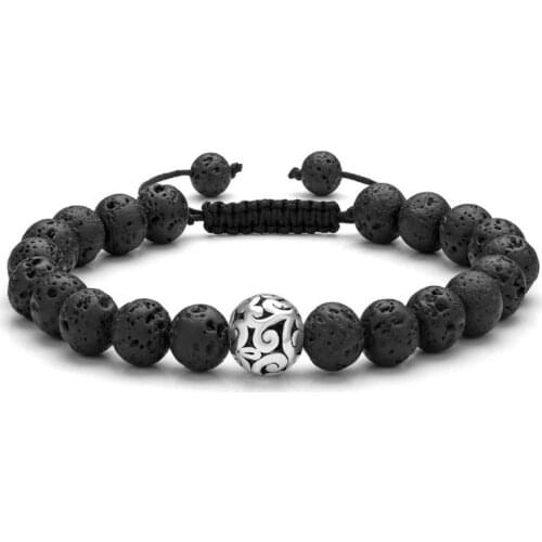 FYSL Silver Plated Metal Ball Connect Black Lava Stone Beads Stretchy Bracelet Rose Pink Quartz Jewelry