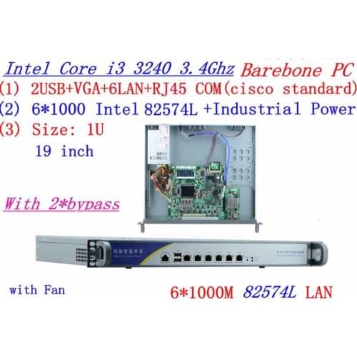 INTEL I3 3240 3.4Ghz 1U rack type firewall server with 6*1000M 82574L Gigabit LAN 2*bypass Support ROS/RouterOS etc Barebone PC