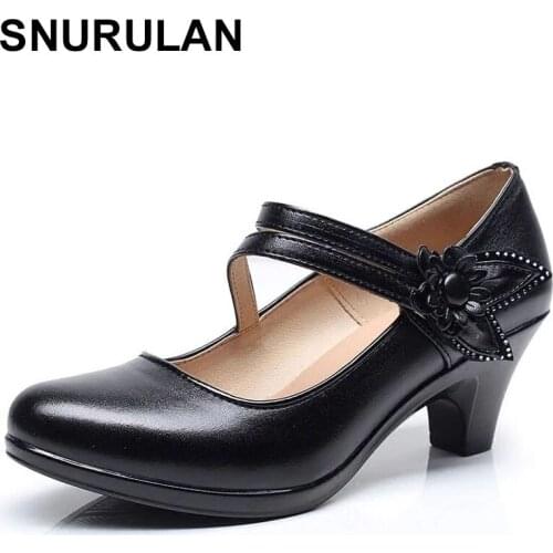 SNURULAN Genuine Leather Black OL Work Shoes Women Low Heels Pumps 2020 Spring New Lady Casual Shoes Flower Pumps For Womens