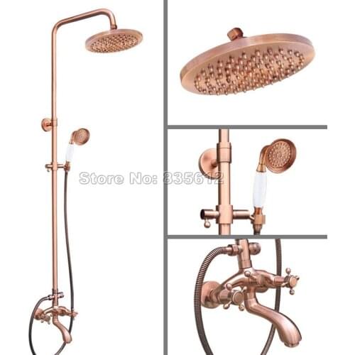 Bathroom Wall Mounted Antique Red Copper Shower Head /Rain Shower Faucet Set /Dual Handles Bathtub Mixer Tap + Hand Spray Wrg506