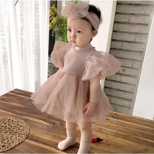 Koodykids Baby Girl Spring Summer Bodysuits Dress Vintage Mesh Dress Rompers Toddler Girl Princess Dress With Headband Autumn