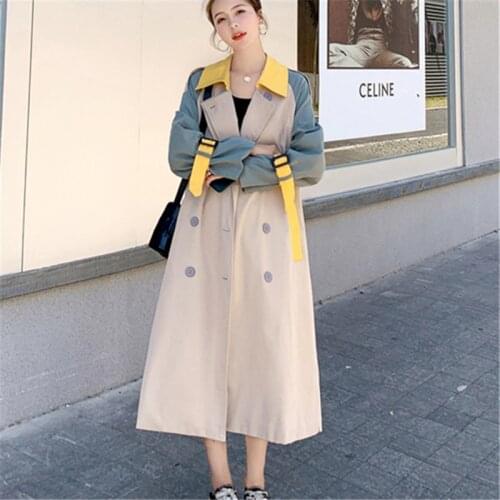 Contrasting Color Stitching Windbreaker Womens Mid-Length 2021 Spring Autumn Fashion New Loose Lapel Jacket Trendy H258