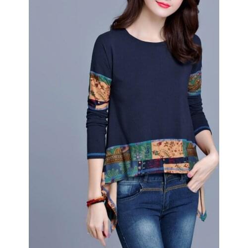 Vintage T Shirt Long sleeve Women Tee Shirt Tunic Plus size Irregular Patchwork 100% Cotton Ladies Casual Tops