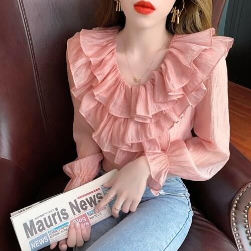 Chikichi 2021 Autumn Temperament Sweet Chiffon Shirt V-neck Stitching Ruffled Trumpet Sleeve Pink Simple Shirt Female