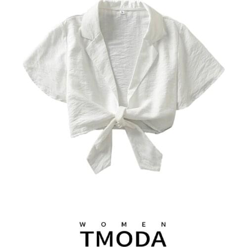 TMODA1387 Za Women Retro White Bow Crop Shirt Short Sleeve 2021 Summer Chic Female Sexy Shirt Tops Lady Fashion Blouse