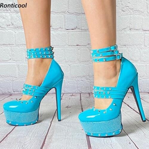 Ronticool Handmade Women Glossy Pumps Ankle Strap Sexy Studs Stiletto Heels Round Toe Rhinestone Night Club Shoes US Size 35-52