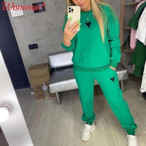 Fleece Womens Heart Print Hoodies Two Piece Set O-neck Long Sleeve Tops Trousers Basic Set 2021 Autumn Casual Sport Suit