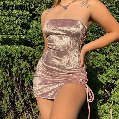 Beyouare Hollow Out Sexy Dress Strapless Drawstring Lace Up Solid Slim Skinny Split Mini Dresses Summer Vintage Casual Elegant