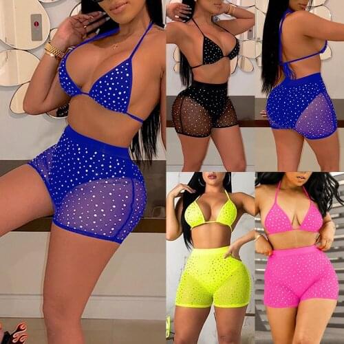 2PCS Women Bikini Bathing Swimsuit Swimwear Two-Piece Suits Rhinestone Crystal Diamond Push-up Bikini Set