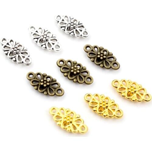 30pcs/lot 16x8mm Antique Silver Plated Gold Bronze Flower Connector Charm Pendant DIY Jewelry Supplies for Bracelet Necklace