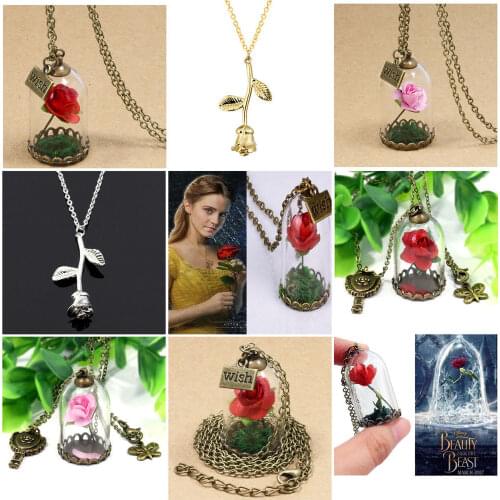 Fashion Real Rose Red Pink Dried Flower Glass Bottle Chain Necklace Pendant Beauty And The Beast Women Necklace Jewelry Gifts