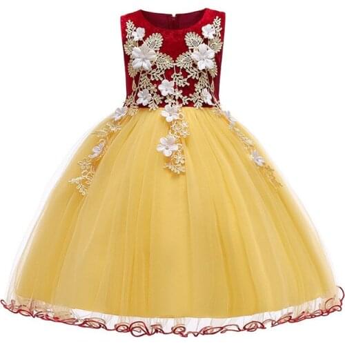 Childrens Wedding Kids Party Dresses for girls Gold velvet embroidery girls Flower baby Girls Clothing Children Party Dress