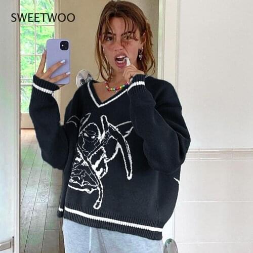 European and American British College Style Autumn 2021 Printing V-Neck Loose Casual All-Match Woolen Top Sweater Jacket