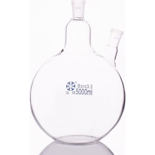 Two-necked flask oblique shape,with two necks standard grinding mouth,Capacity 5000ml 24/40,Two-necked flat bottom flask