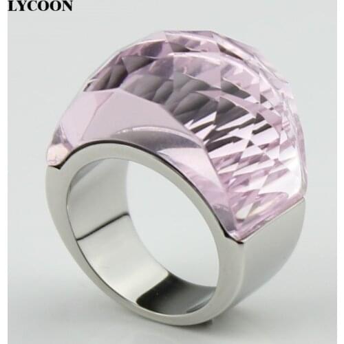 Hot!! LYCOON Latest Fashion Jewelry big crystal Rings 316L Stainless steel with transparent pink crystal ring for women R0614