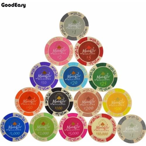 HOT Monte Carlo Wheat Poker Chips 5pcs/set 14g Set Clay+Inner Metal Coins Texas Hold'em Poker Caisno Royal Poker Club Game