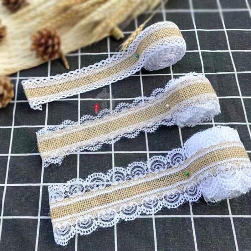 2M/lot Natural Jute Burlap rolls Hessian Lace Ribbon With White Lace Trim Edge Rustic Wedding Centerpieces Vintage Wedding Decor